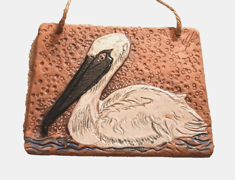 Vtg Textured Raised Pelican Artisan Handmade pottery Ceramic Plaque Signed 7x9"
